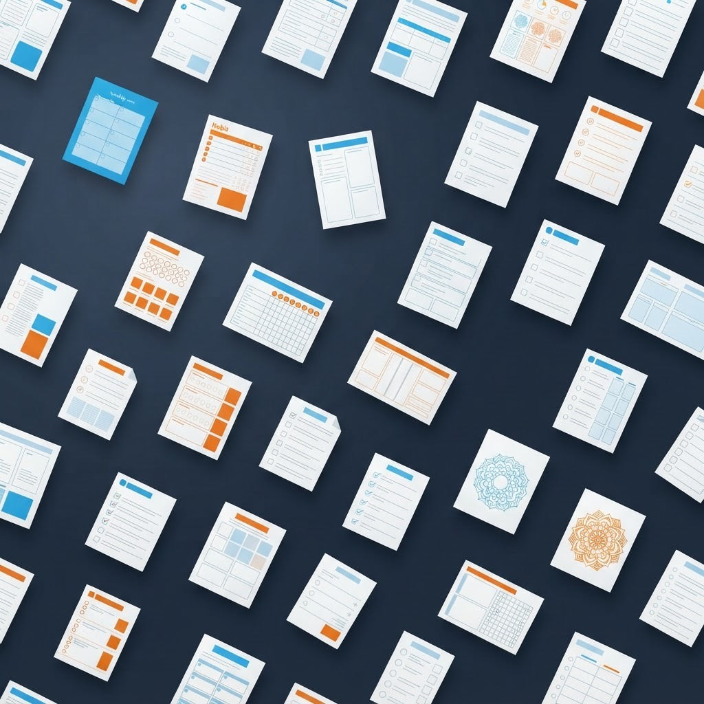 A top-down view of many white document or page templates scattered across a dark navy background. The pages feature light blue and orange UI-style blocks and charts, with no people, animals, or real environment visible.